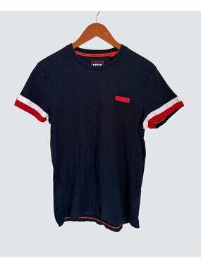 Superdry Mens Navy T-Shirt With Red & White Sleeve Accents Medium 100% Cotton